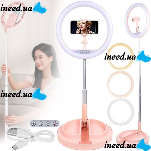 Настільна кільцева LED лампа на штативі Live Light JM-01 29 см селфи кільце з підсвічуванням і тримачем для телефону для фото і відео USB Рожеве