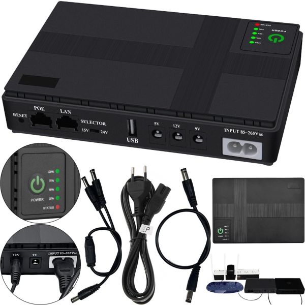 Источник бесперебойного питания ИБП UPS DC1018P для WI-Fi роутера 5V 9V 12V Power Bank 10400 mAh, бесперебойник 18W для модема коммутаторов и камер