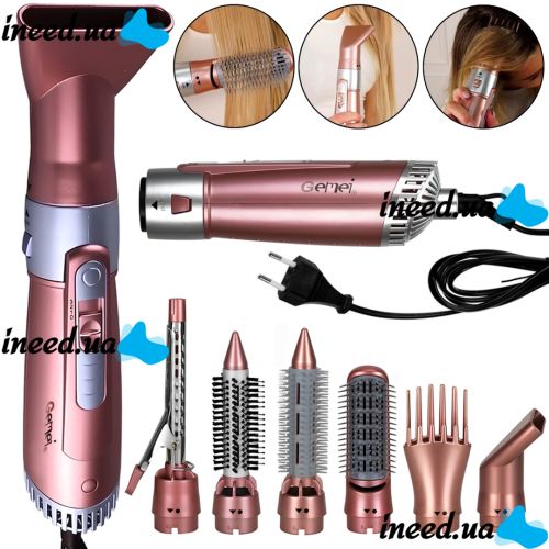 Gemei GM-4831 7 in 1 styling multistyler hair dryer brush with attachments 2200W flat iron curling tongs Gemmy for drying, curling, straightening and volumizing hair Pink