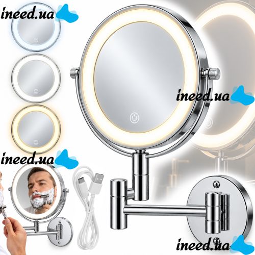 Frap F6108 20 cm Cosmetic Wall Mirror for Makeup and Shaving, Swivel Mirror with LED Lighting and 3× Magnification Wall Makeup Mirror M1002