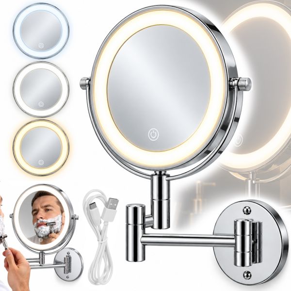 Frap F6108 20 cm Cosmetic Wall Mirror for Makeup and Shaving, Swivel Mirror with LED Lighting and 3× Magnification Wall Makeup Mirror M1002