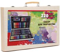 Художній набір для творчості A-Toys 220 предметів в дерев'яному валізі, дитячий комплект маркерів і олівців в кейсі для малювання Art Set