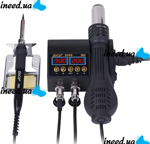 Thermo-air soldering station JCD 8898 2in1 80W soldering iron and 750W thermofan with temperature control and display for SMD soldering and electronics repair.