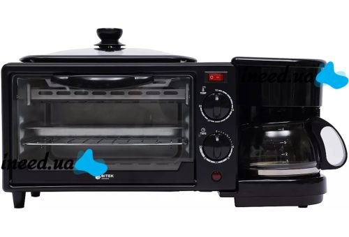 Электрическая домашняя печь Bitek BT-5308B 3 в 1 настольная мини духовка 9 л для выпекания с кофеваркой 500 мл и сковородой гриль с крышкой 3600W