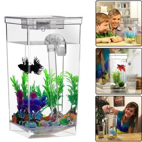 Самоочищающийся аквариум My Fun Fish 2 л с LED подсветкой 12x12x25 см, Квадратный, маленький акриловый наноаквариум с системой самоочищения для рыбок