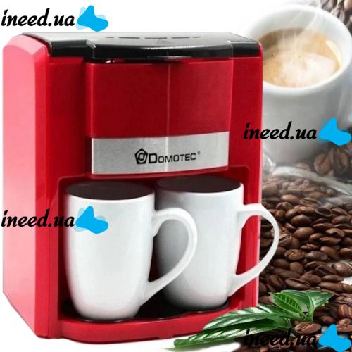 Drip coffee maker for two cups Domotec MS-0705 with 2 ceramic cups, Home Electric coffee Machine for tea and coffee 0.3 L 500W Red