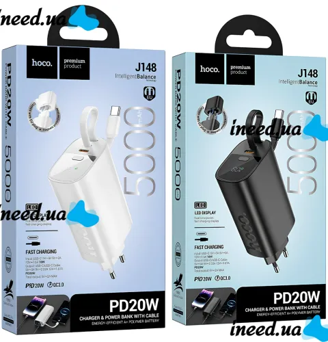 Мережевий зарядний пристрій Hoco J148 PD20W Power Bank 5000 mAh портативний зовнішній акумулятор Type-C повербанк з кабелем і адаптером для зарядки