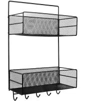 Wall shelf organizer Stenson TD01335-M on 2 tiers with hooks, hanging metal double-drawer basket for bathroom and kitchen Black CY-0172