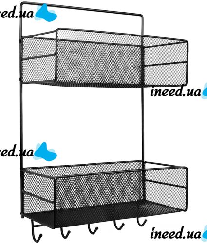 Wall shelf organizer Stenson TD01335-M on 2 tiers with hooks, hanging metal double-drawer basket for bathroom and kitchen Black CY-0172
