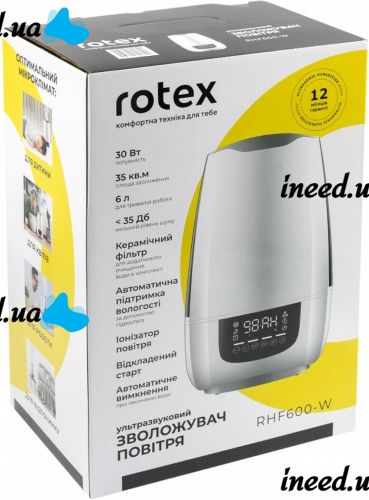 Ультразвуковой увлажнитель воздуха Rotex RHF-600-W на 6 л 35 кв.м очиститель ионизатор с LED дисплеем и фильтром очистки воды 30W от сети Белый
