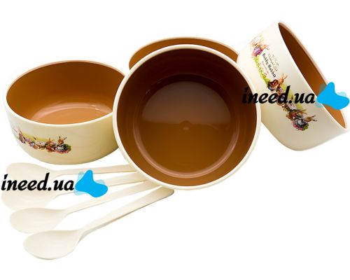 Set of Children's Plates with Bobby Rabbit Spoons 12.4x5.7 cm Plastic Tableware Set 8 Items 4 Deep Plates 4 Spoons for Children Bobby Rabbit