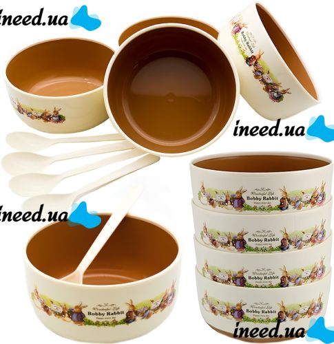 Set of Children's Plates with Bobby Rabbit Spoons 12.4x5.7 cm Plastic Tableware Set 8 Items 4 Deep Plates 4 Spoons for Children Bobby Rabbit