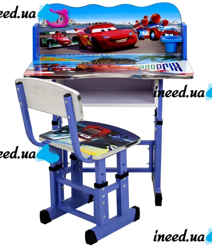 Bambi Disney Cars B-43507 Children's Desk and Chair Set: Lightning McQueen, Height-Adjustable Desk and Chair with Bookrest, Blue