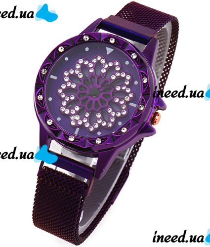 Жіночий наручний годинник Flower Diamond Rotation Watch Purple WJ-8052 з обертовим роторним циферблатом і ремінцем на магнітній застібці Фіолетові
