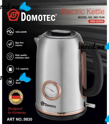Electric kettle Domotec MS-7849 for 1.7L tabletop disk electric kettle Domotec 2200W with thermometer and automatic unplugging