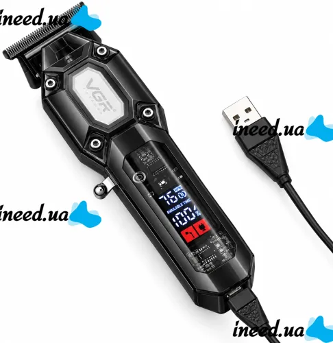 VGR V-900 5W Cordless Hair Clipper—a cordless men's trimmer for trimming beards and mustaches, featuring interchangeable attachments and a USB display