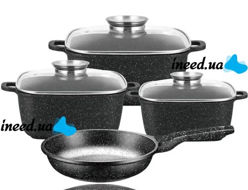 Кухонний набір посуду Bellmax Cookware Set BM - 132 3 казана і сковорода для приготування їжі , каструлі з кришками і гранітним покриттям 9 предметів