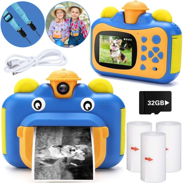 Детский фотоаппарат с мгновенной печатью фото Kids Print Camera Blue цифровая камера полароид на аккумуляторе для детей от 6 лет 12мп 1080HD Голубая