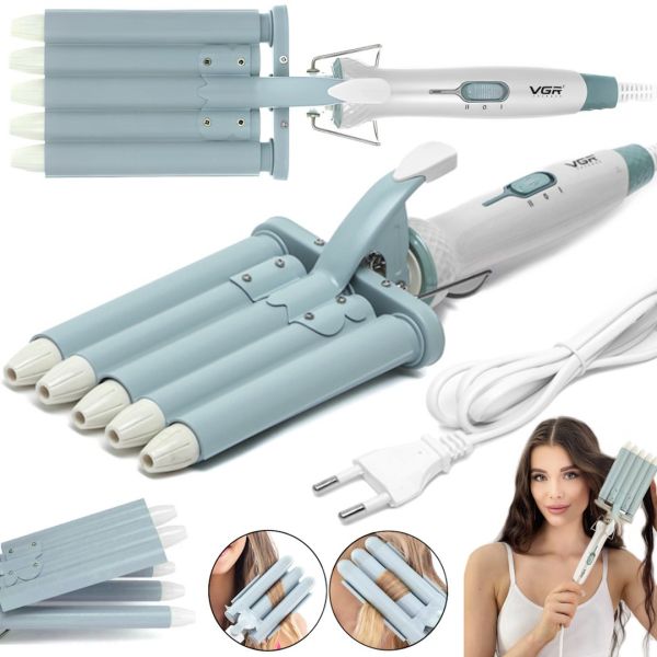 VGR V-597 90W 16mm Ceramic 5-wave wave flat iron for 5 waves, a device for styling and tousling Hollywood curls Blue