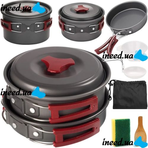 Travel tableware set AL-300 3 in 1 camping set frying pan, saucepan for 2-3 people made of anodized aluminum for cooking DS-300
