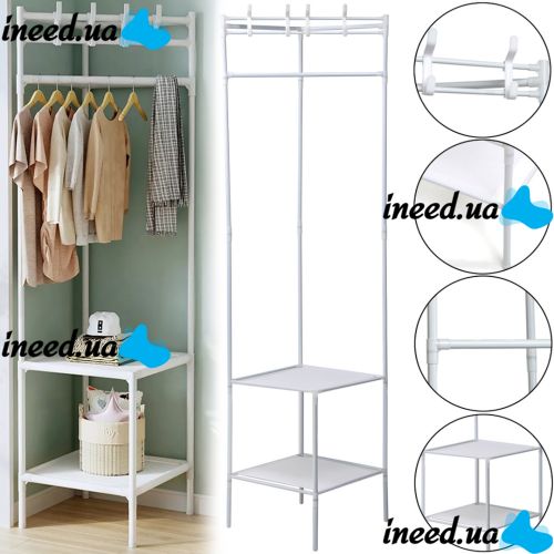 Кутова вішалка для одягу Corner Coat Rack TM2-202 вертикальна стійка з гачками для зберігання речей і двома полицями для взуття 170х43 см White