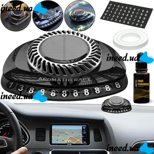 Car fragrance Solar Car Air Freshener solar powered diffuser and license plate on the dashboard of the car True Paradise