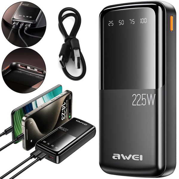 Портативное зарядное устройство Power Bank Awei P13K 20000mah 22.5W 2 USB TYPE-C с быстрой зарядкой и индикатором, внешний аккумулятор повербанк