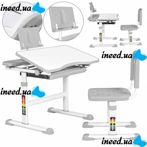 Bambi M 4818-4 Children's Desk and Chair Set—School Desk and Height-Adjustable Chair with Bookrest, for Ages 3 and Up, NJ-492, Gray