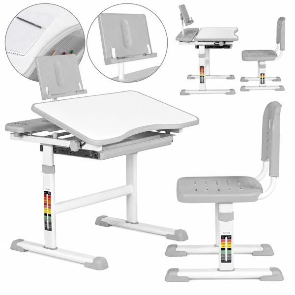 Bambi M 4818-4 Children's Desk and Chair Set—School Desk and Height-Adjustable Chair with Bookrest, for Ages 3 and Up, NJ-492, Gray