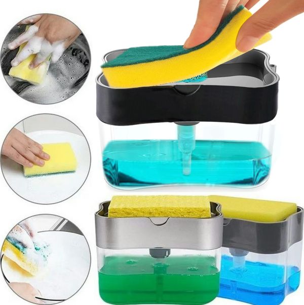 Кухонный диспенсер для губки Soap Pump Sponge Caddy, Нажимной дозатор для жидкого мыла с подставкой, Органайзер для мочалок с мыльницей