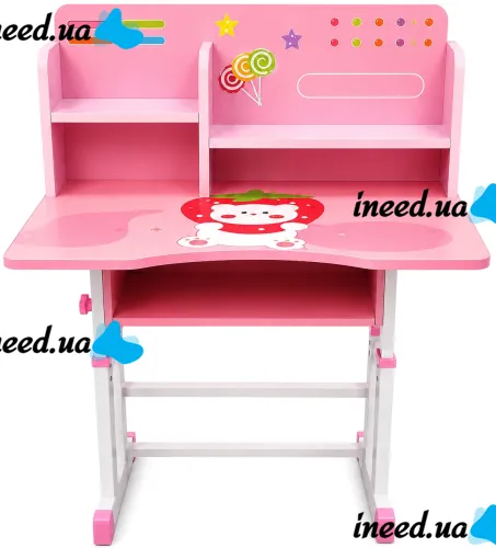 Bambi JU-5129 Convertible Children's Desk and Chair Set—Height-Adjustable Desk and Chair with Shelves and Backpack Holder, 26X-157, Pink