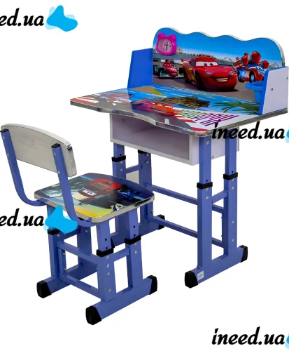 Bambi Disney Cars B-43507 Children's Desk and Chair Set: Lightning McQueen, Height-Adjustable Desk and Chair with Bookrest, Blue
