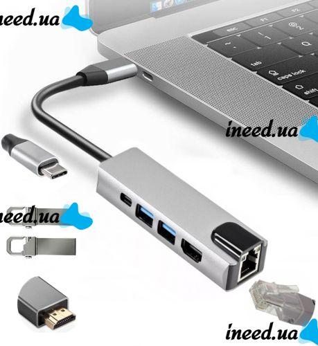 Мультифункціональний USB-хаб HOCO AC-500 Type-C на RJ45, HDMI, 2xUSB 3.0 адаптер, Ethernet LAN інтернет перехідник, конвертер XoKo HUB