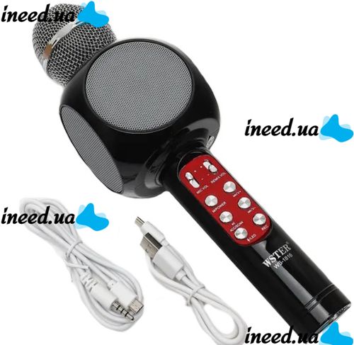 Беспроводной караоке микрофон WSTER WS-1816 Bluetooth USB AUX FM со встроенной колонкой и 4 тембрами голоса на аккумуляторе с динамиком WS1816 Черный