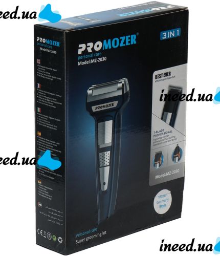 Беспроводная машинка ProMozer MZ-2030 3в1 с насадками для стрижки волос бороды носа и ушей, Аккумуляторный триммер бритва Мозер MZ2030 Синяя