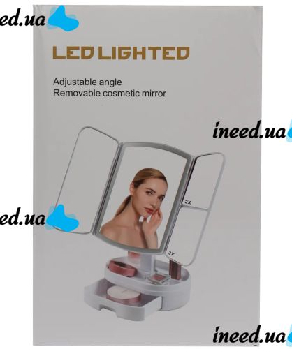 Desktop Triple Mirror Led Lighted WX-810 with Backlight and Organizer for Storing Cosmetics, Cosmetic Rechargeable with Magnification Black
