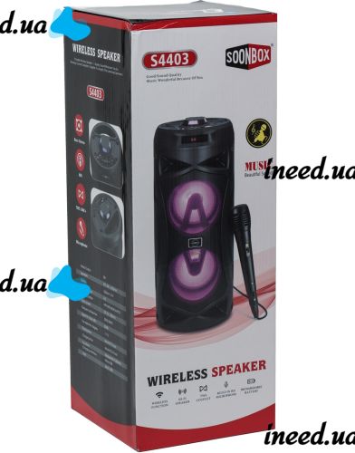Бездротова Bluetooth колонка динамік SoonBox S4403 з LED підсвічуванням 10W і мікрофоном, акумуляторна блютуз акустика караоке USB SD FM AUX Чорна