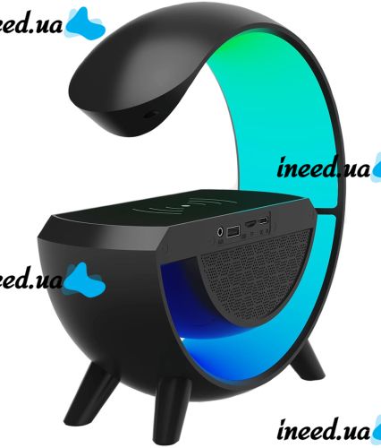 Настільна смарт лампа нічник 4 в 1 RGB BT-3401 акумуляторний з бездротовою зарядкою 15W і Bluetooth колонкою, світлова звукова колонка Чорна