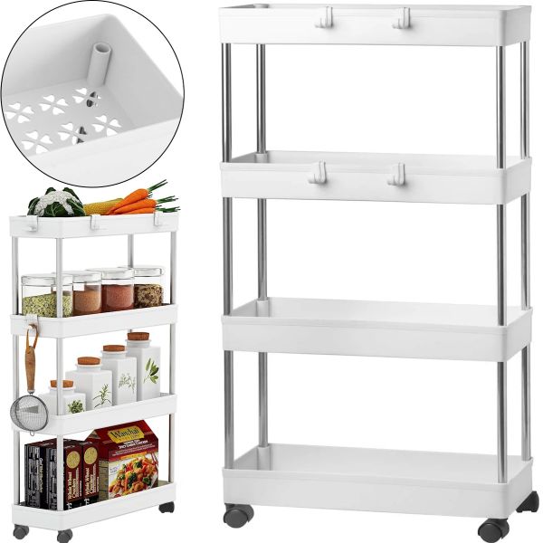Напольная узкая полка органайзер Bathroom Rack XYX-2020 на 4 яруса для кухни и ванной на колесиках 40x22,5x90 см, Этажерка MAG-740 4 уровня Белая