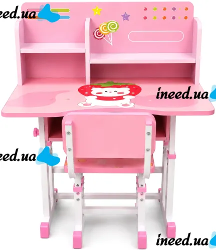 Bambi JU-5129 Convertible Children's Desk and Chair Set—Height-Adjustable Desk and Chair with Shelves and Backpack Holder, 26X-157, Pink
