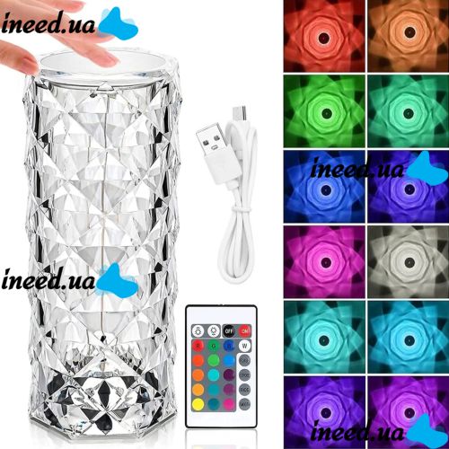 Настільна лампа нічник Crystal Rose сенсорний світлодіодний RGB LED світильник троянда з пультом, проекційний торшер кристал USB Charging Touch Lamp