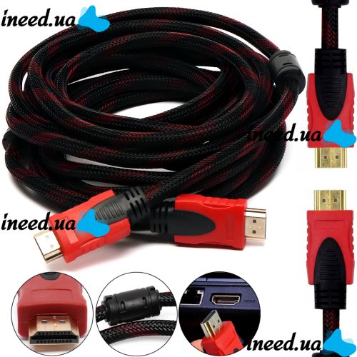 Усиленный кабель Hdmi to Hdmi 15м 1080p в обмотке, кабель-удлинитель HDMI-HDMI 15m 15 m 15 м для монитора и телевизора в оплетке Черно Красный