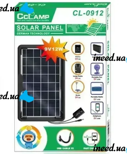 Сонячна панель CCLamp CL-0912 9V 12W для зарядки мобільних пристроїв від сонця, Сонячна батарея з USB мультикабелем для повербанка телефону