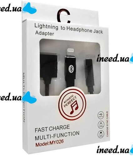 Перехідник Lightning to Headphone Jack Adapter MY026 аудіо адаптер 3.5mm розгалужувач на 2 порти для підключення зарядки і навушників до телефону