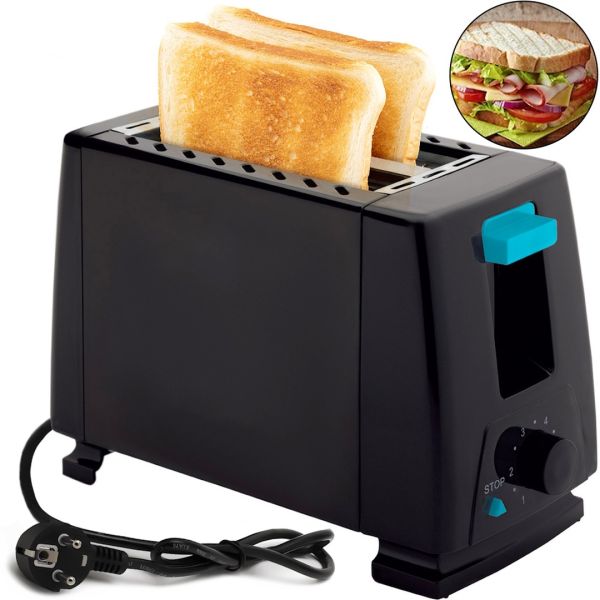 Электрический тостер Bitek BT-263 Black 1000w кухонный горизонтальный электротостер на 2 тоста для хлеба со съёмным поддоном 2 Slice Toaster Черный