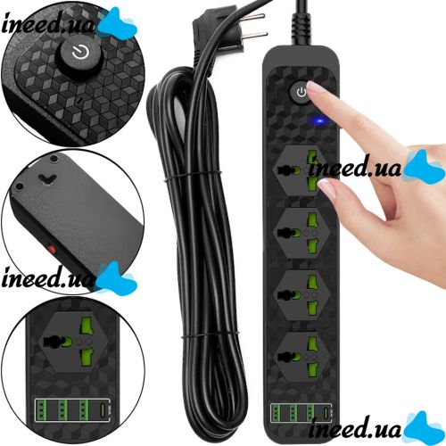 Мережевий фільтр Power Socket J02 3000w на 4 розетки 3 USB 3.4 A і 1 Type-C електричний Подовжувач переноска для підключення приладів до мережі Чорний