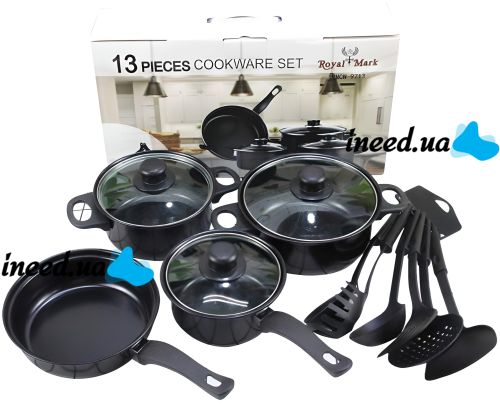 Kitchen tableware set 13 in 1 Royal Mark LY-381 with non-stick coating, Set of 13 items pot, frying pan and kitchen utensils 
