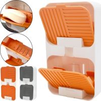 Wall-mounted Soap Organizer Flip Lid Drain Soap Box with 2 compartments with hinged lids, Double Hinged soap Dish with drain to the bathroom wall