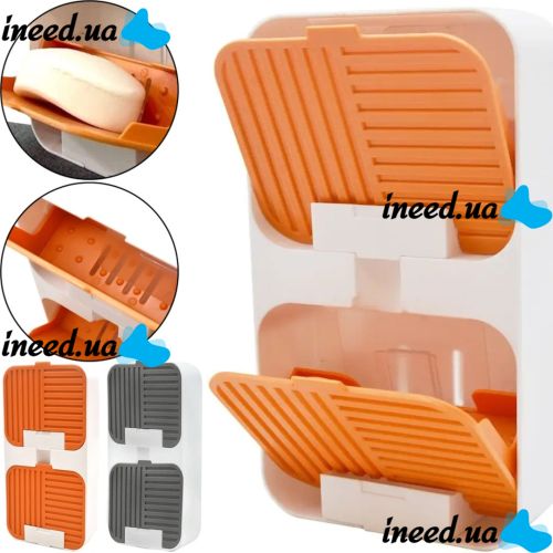 Wall-mounted Soap Organizer Flip Lid Drain Soap Box with 2 compartments with hinged lids, Double Hinged soap Dish with drain to the bathroom wall