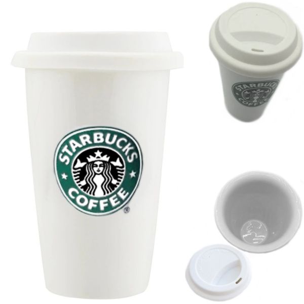 Керамический стакан чашка StarBucks Ceramic Cup HY-101, Многоразовая термочашка Старбакс 300 мл с силиконовой крышкой с поилкой Белая